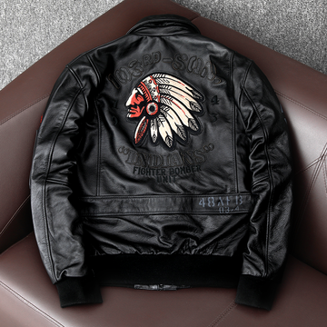 Men's Embroidered Bomber Flight Leather Jacket